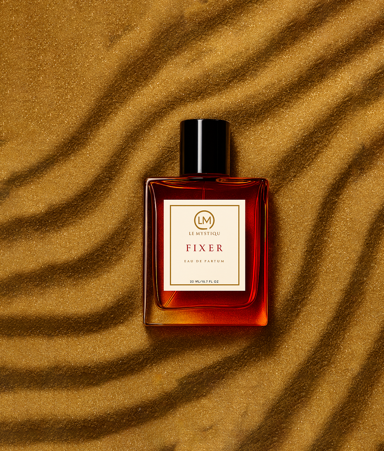 Perfume bottle labeled 'Fixer' on a textured brown background